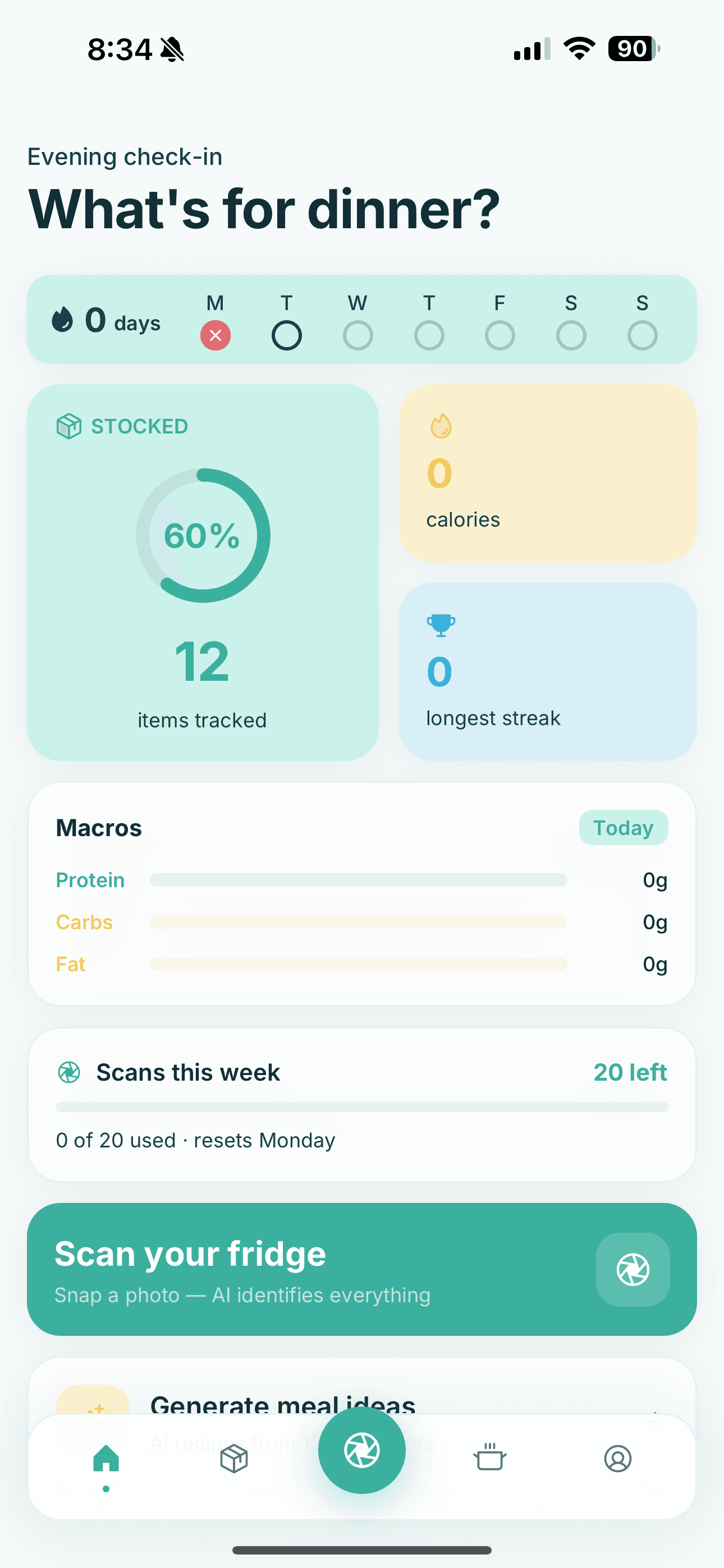 Mobile food inventory app dashboard showing fridge scan tracking and nutrition summaries