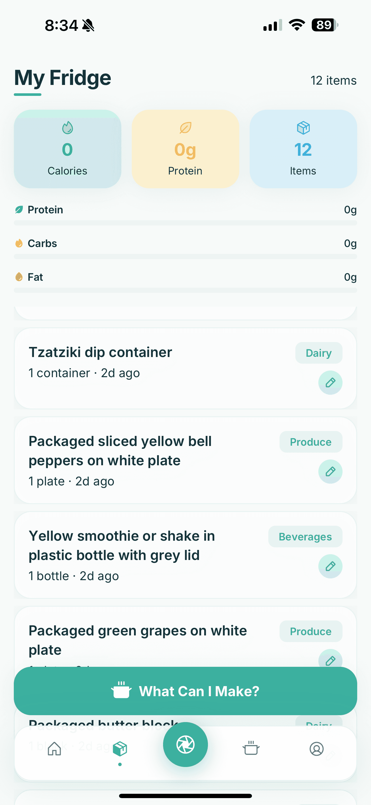 Mobile food inventory app screen listing tracked fridge items and nutrition totals